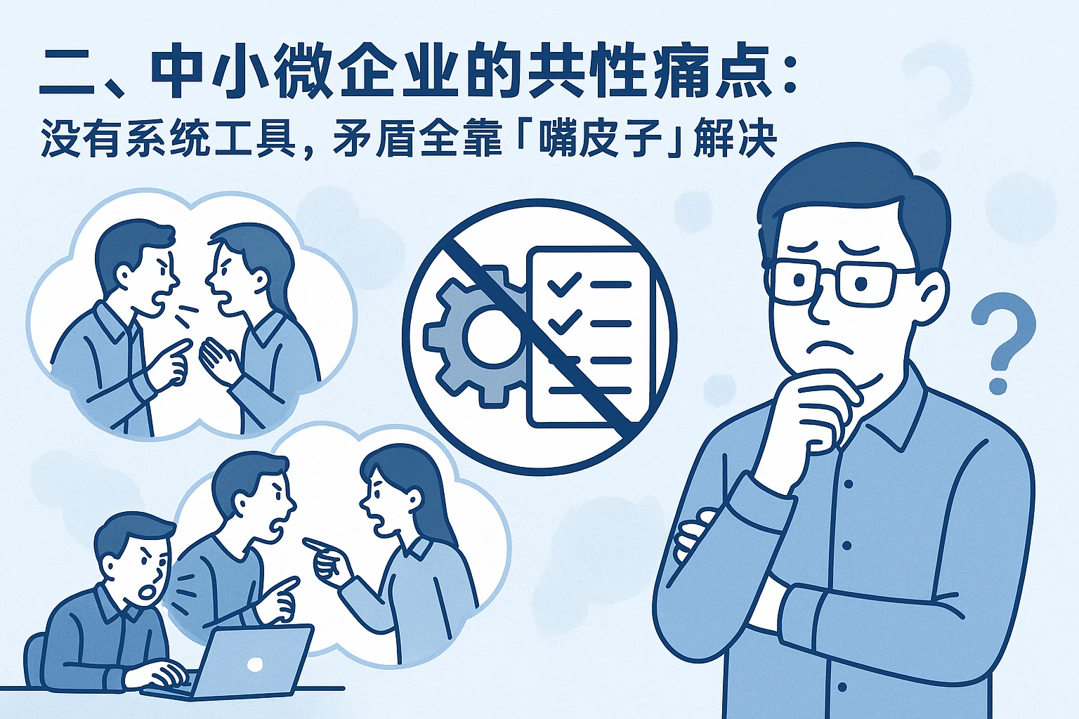 二、中小微企业的共性痛点：没有系统工具，矛盾全靠“嘴皮子”解决
