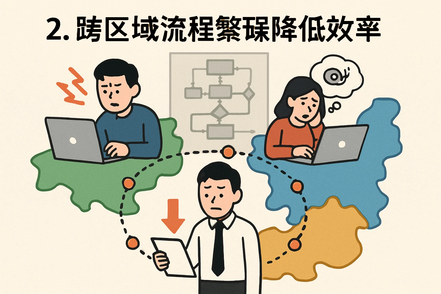 2. 跨区域流程繁琐降低效率