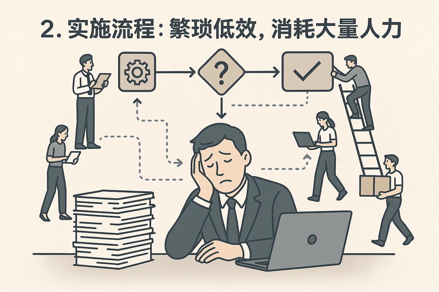 2. 实施流程：繁琐低效，消耗大量人力