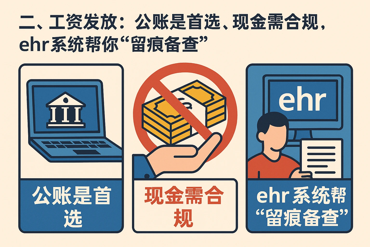 二、工资发放：公账是首选，现金需合规，ehr系统帮你“留痕备查”