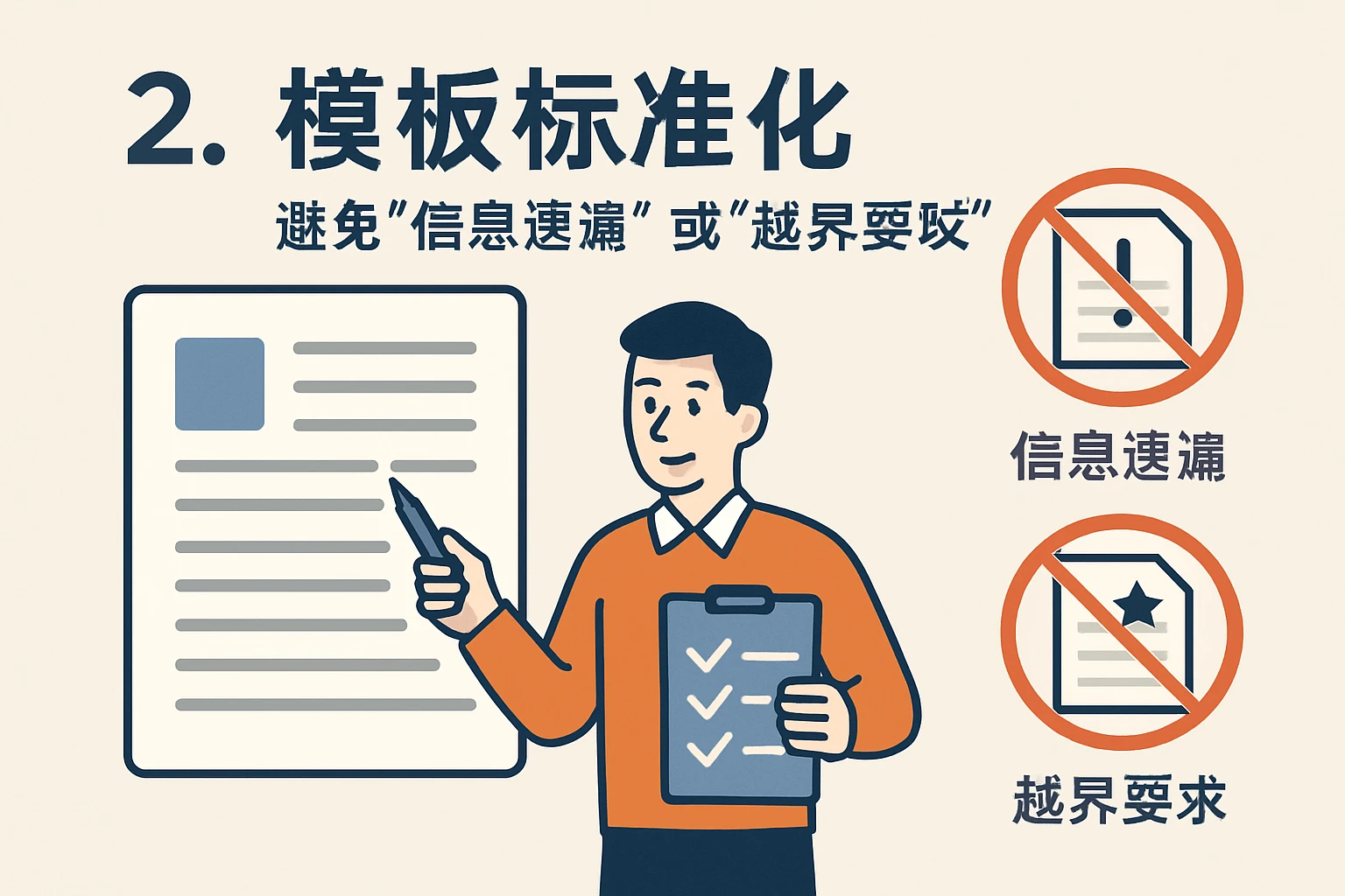 2. 模板标准化：避免“信息遗漏”或“越界要求”