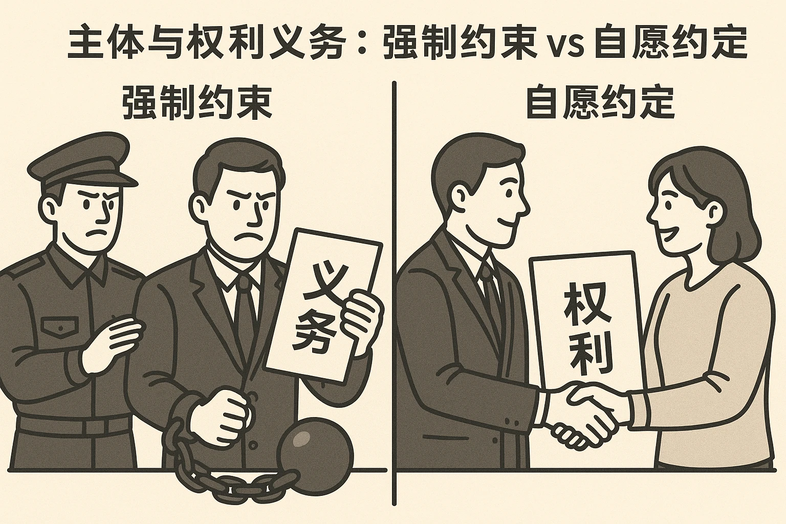 2. 主体与权利义务：强制约束 vs 自愿约定