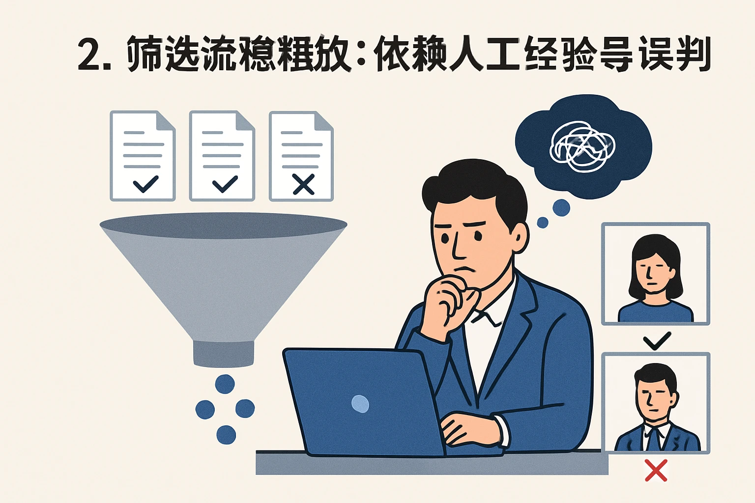 2. 筛选流程粗放：依赖人工经验导致误判