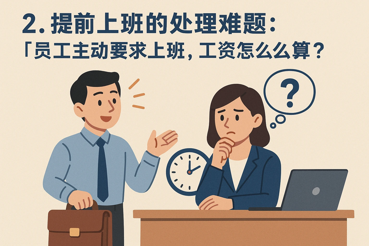 2. 提前上班的处理难题：“员工主动要求上班，工资怎么算？”