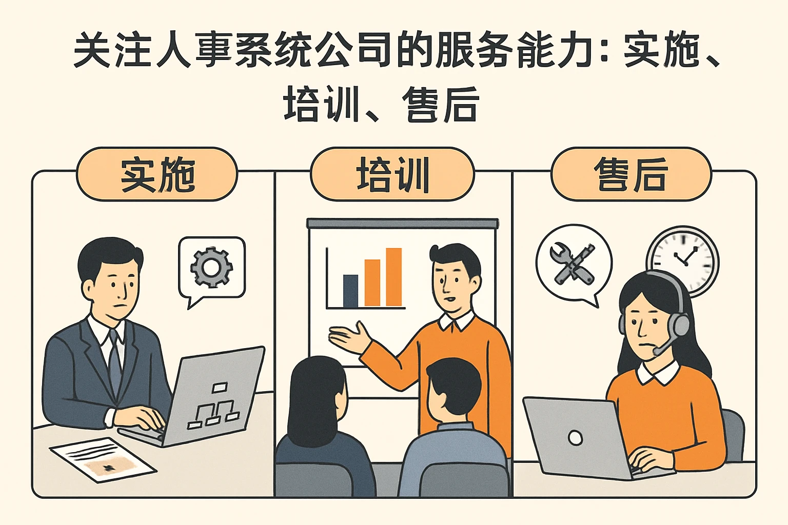 2. 关注人事系统公司的服务能力：实施、培训、售后