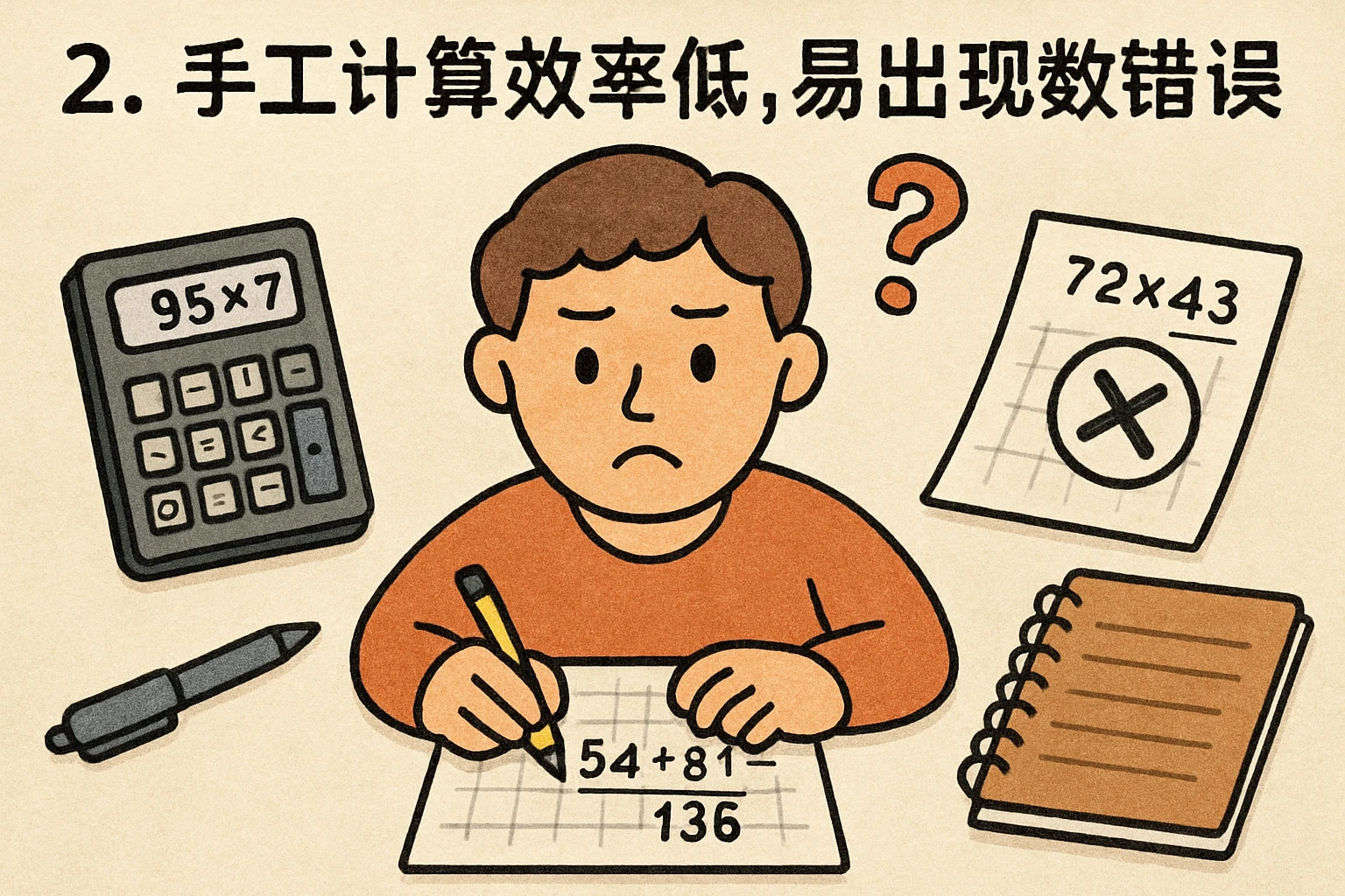 2. 手工计算效率低，易出现数据错误