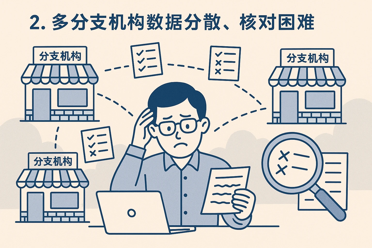 2. 多分支机构数据分散，核对困难
