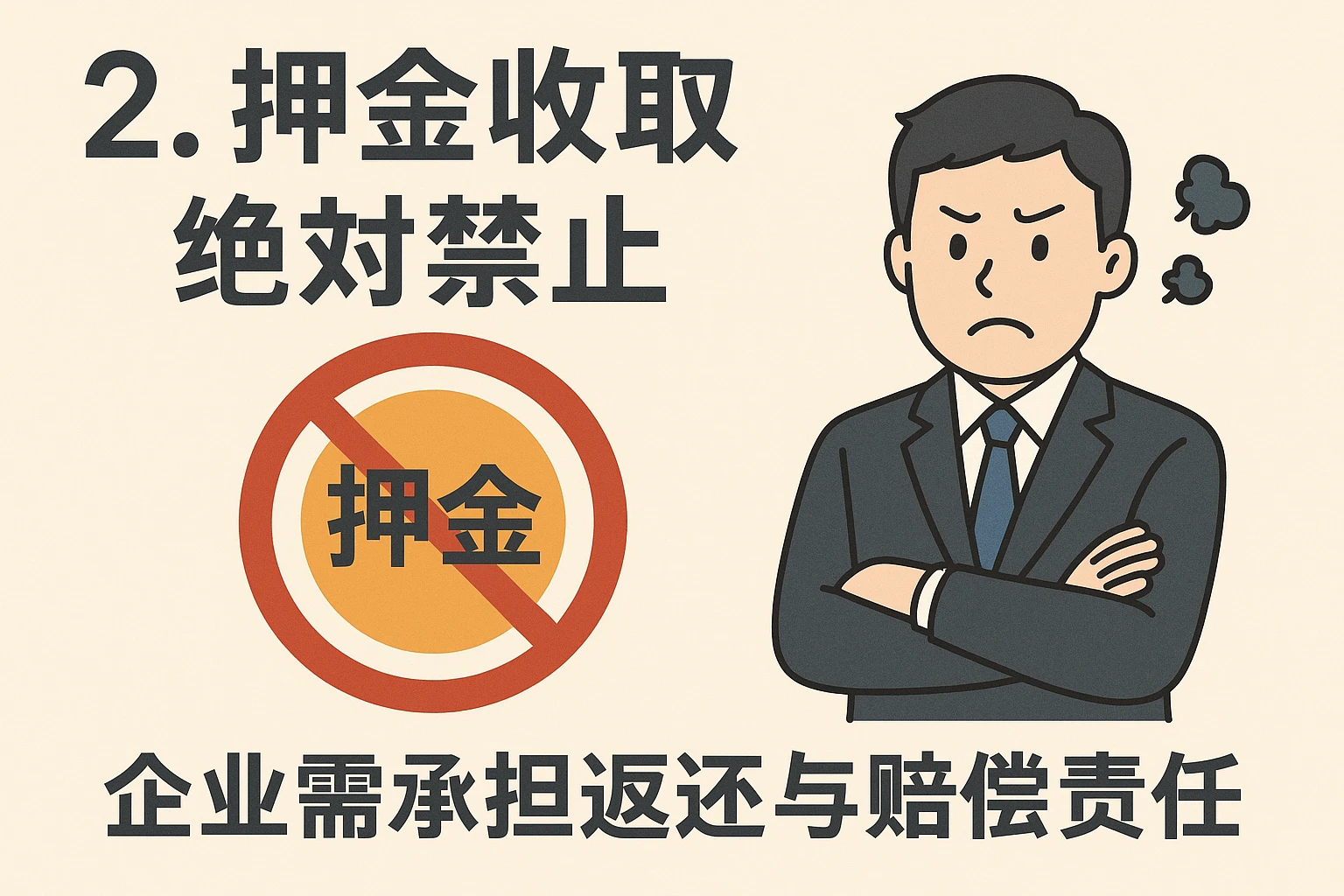 2. 押金收取：绝对禁止，企业需承担返还与赔偿责任