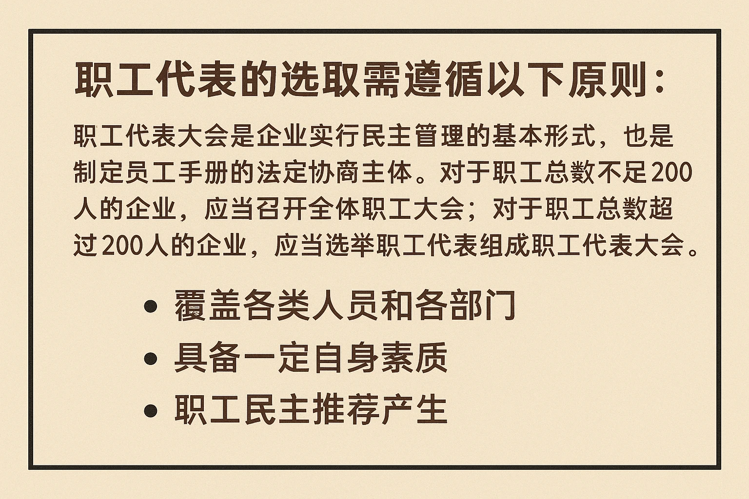 职工代表大会是企业实行民主管理的基本形式，也是制定员工手册的法定协商主体。对于职工总数不足200人的企业，应当召开全体职工大会；对于职工总数超过200人的企业，应当选举职工代表组成职工代表大会。职工代表的选取需遵循以下原则：
