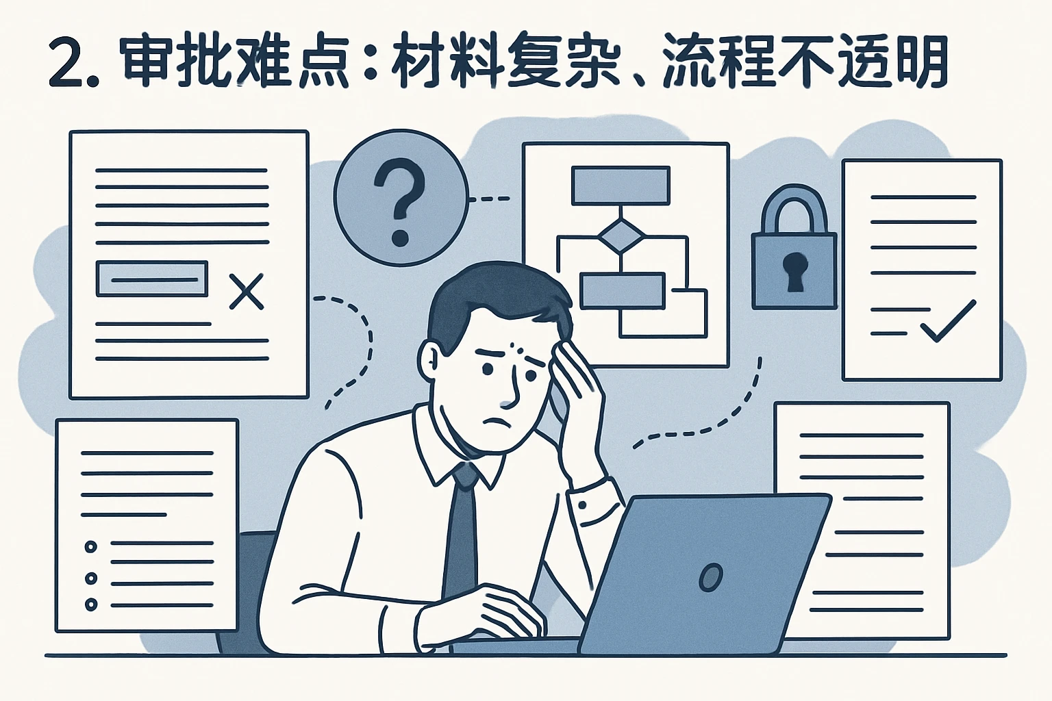 2. 审批难点：材料复杂、流程不透明