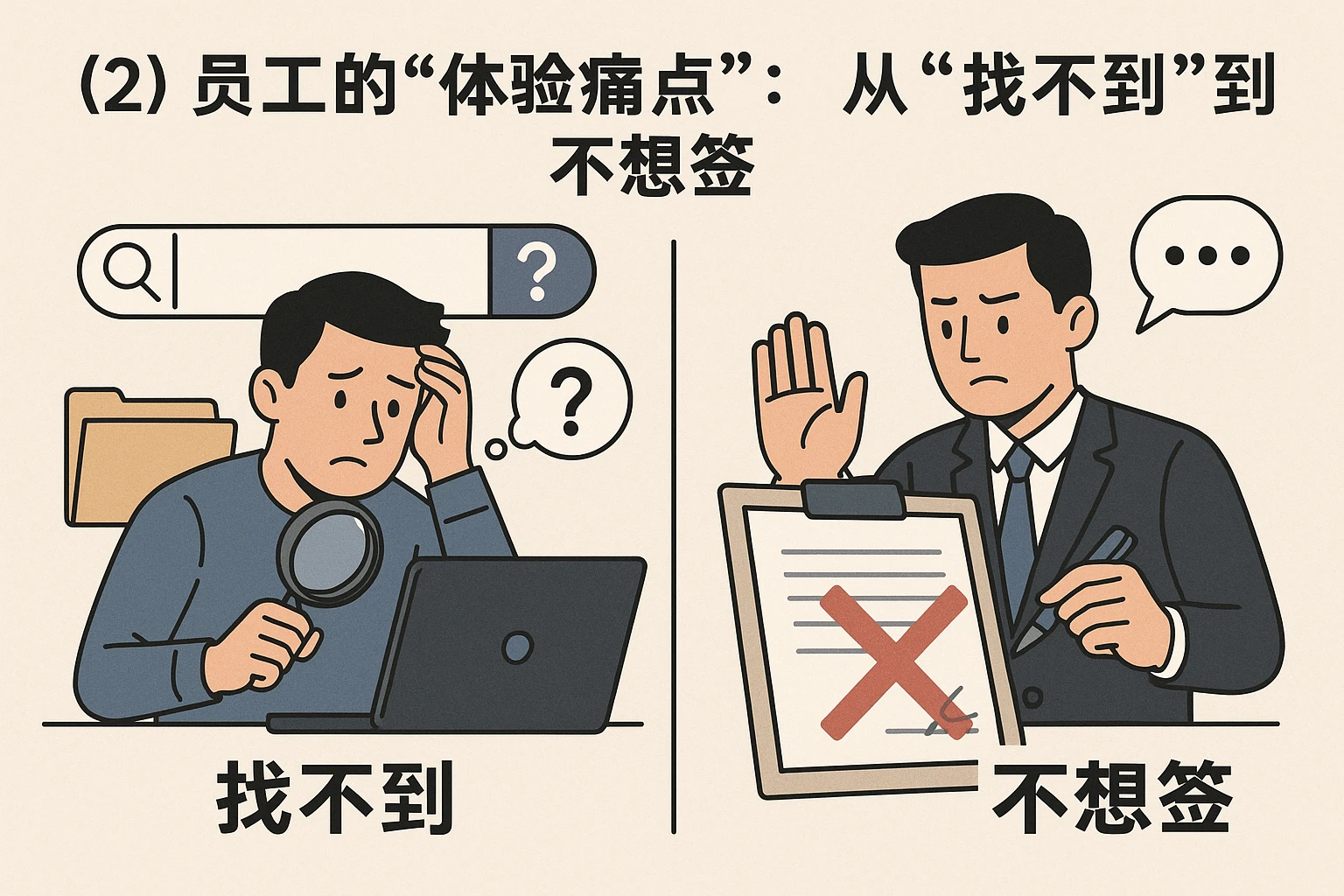 （2）员工的“体验痛点”：从“找不到”到“不想签”