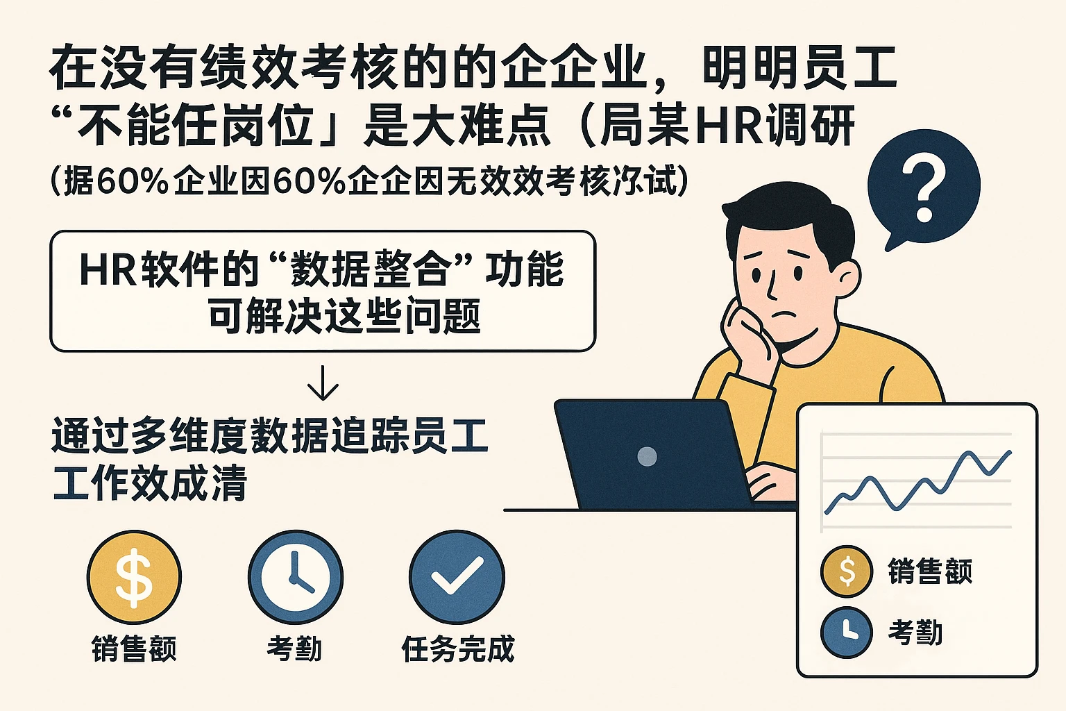 在没有绩效考核体系的企业，证明员工“不能胜任岗位”是一大难点（据某HR调研，60%的企业因无绩效考核无法举证）。人力资源软件的“数据整合”功能可解决这一问题，通过多维度数据追溯员工工作表现：