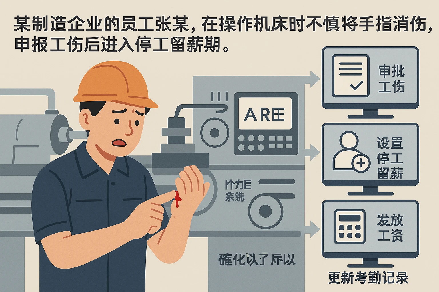 某制造企业的员工张某，在操作机床时不慎将手指削伤，申报工伤后进入停工留薪期。企业通过人力资源系统完成了以下操作：
