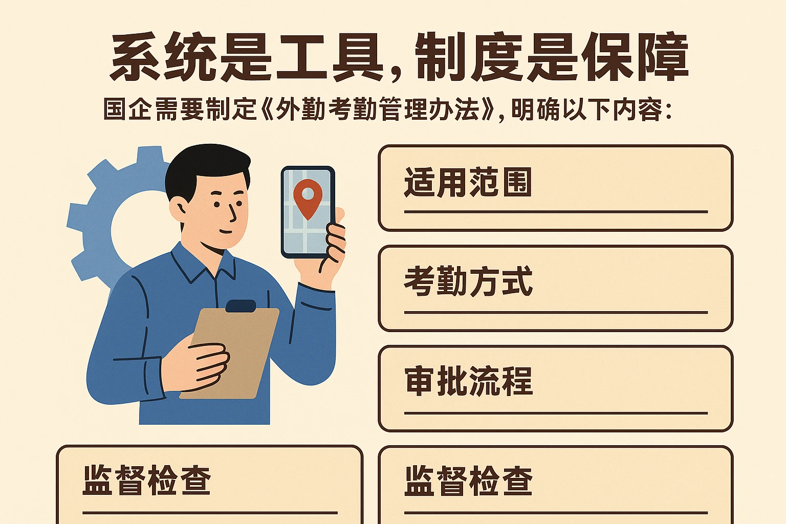 系统是工具，制度是保障。国企需要制定《外勤考勤管理办法》，明确以下内容：