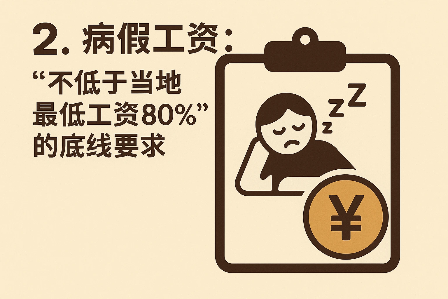 2. 病假工资：“不低于当地最低工资80%”的底线要求