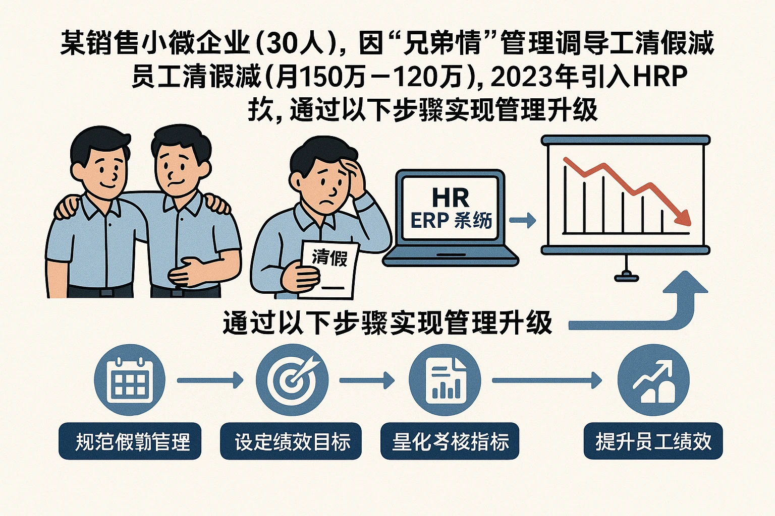 某销售小微企业（30人），因“兄弟情”管理导致员工请假混乱、业绩下滑（月销售额从150万降至120万），2023年引入人事ERP系统，通过以下步骤实现管理升级：