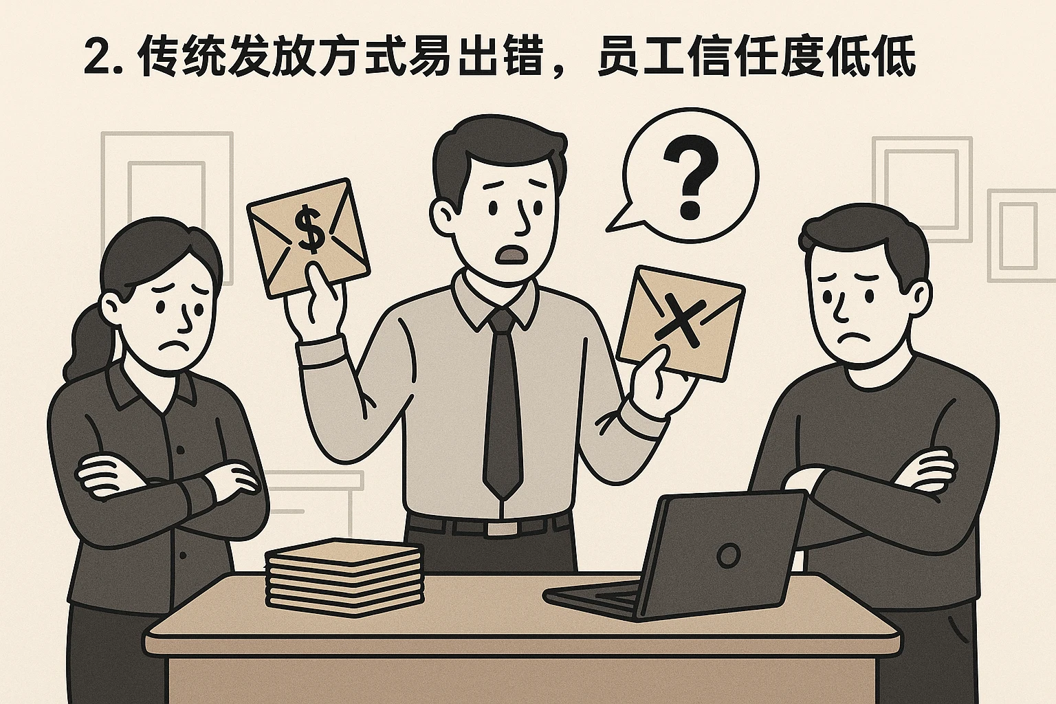 2. 传统发放方式易出错，员工信任度低