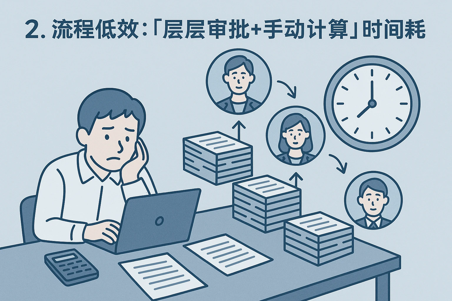 2. 流程低效：“层层审批+手动计算”的时间消耗