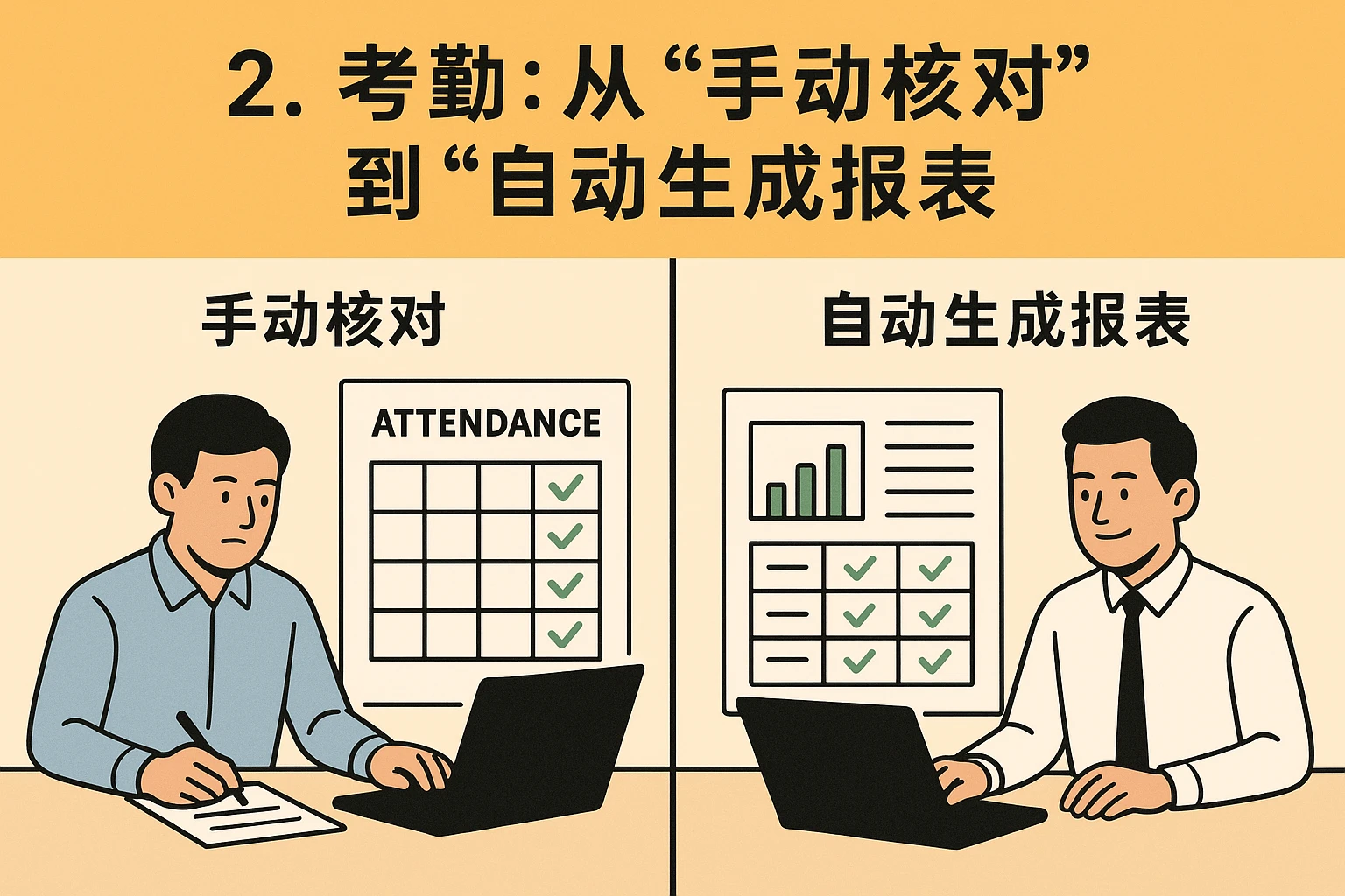 2. 考勤：从“手动核对”到“自动生成报表”