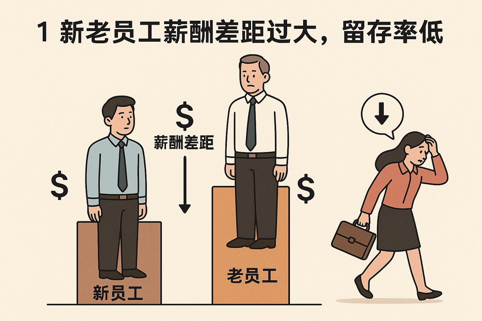 2. 新老员工薪酬差距过大，留存率低