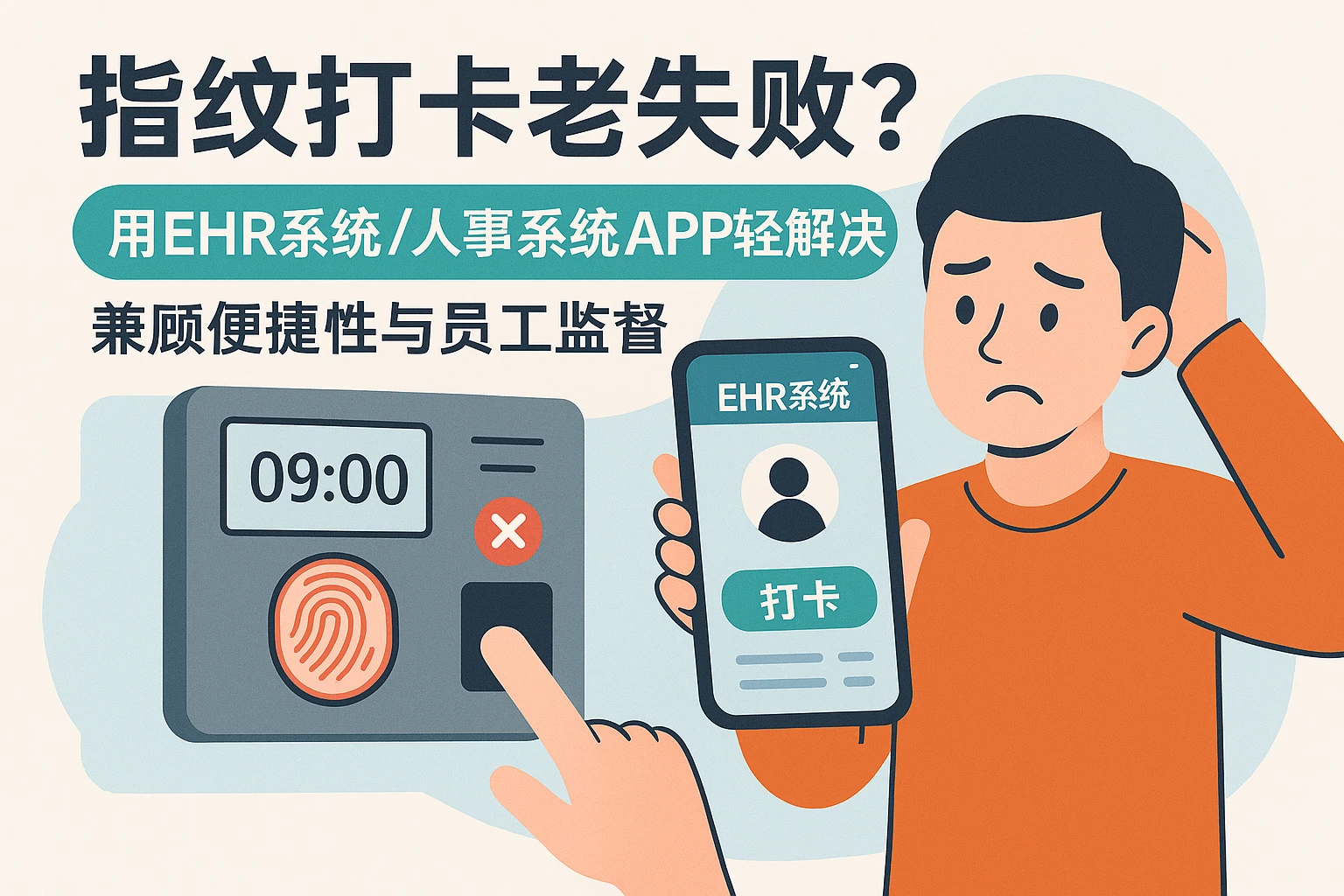 指纹打卡老失败？用ehr系统/人事系统APP轻松解决，兼顾便捷性与员工监督