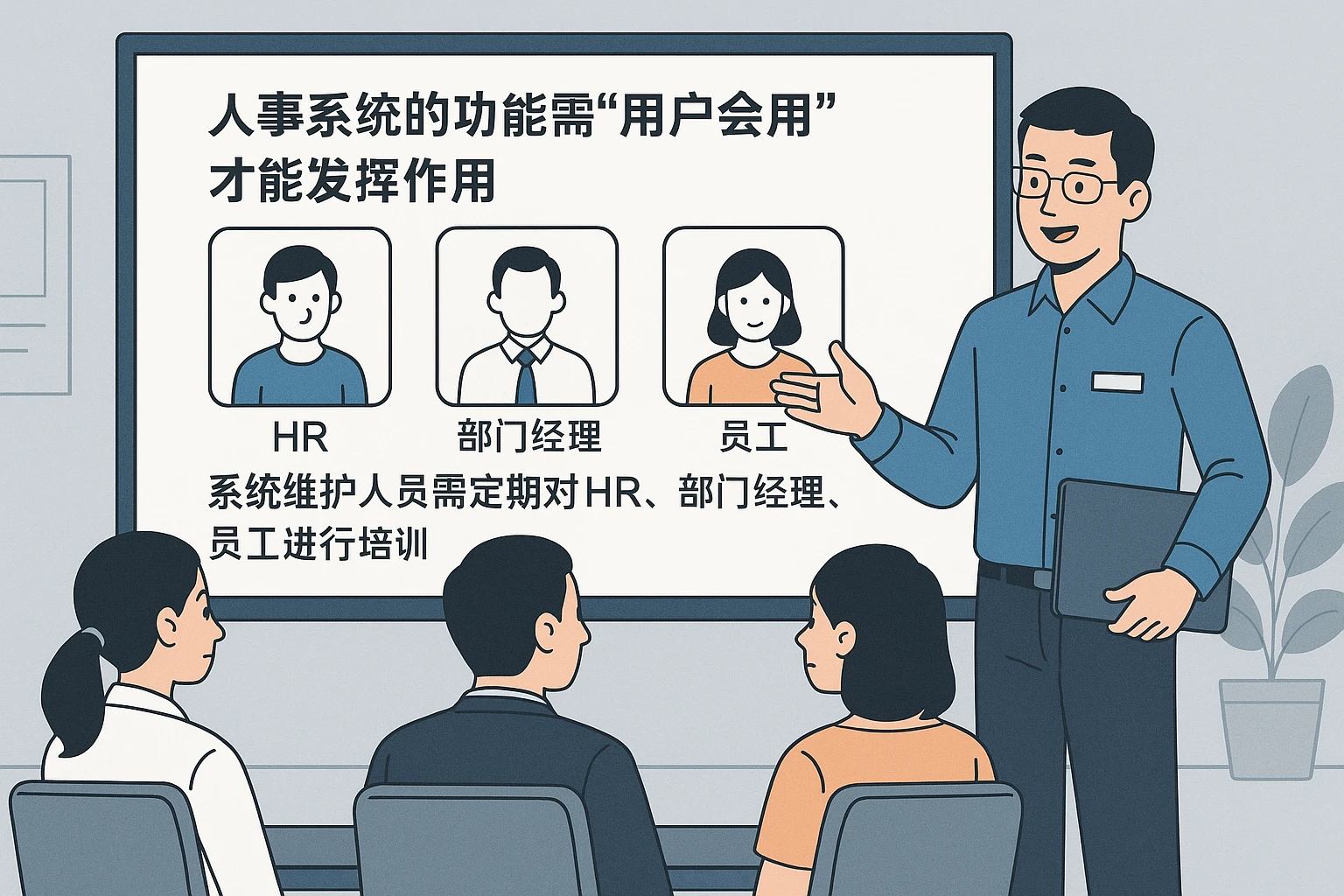 人事系统的功能需“用户会用”才能发挥作用。系统维护人员需定期对HR、部门经理、员工进行培训：