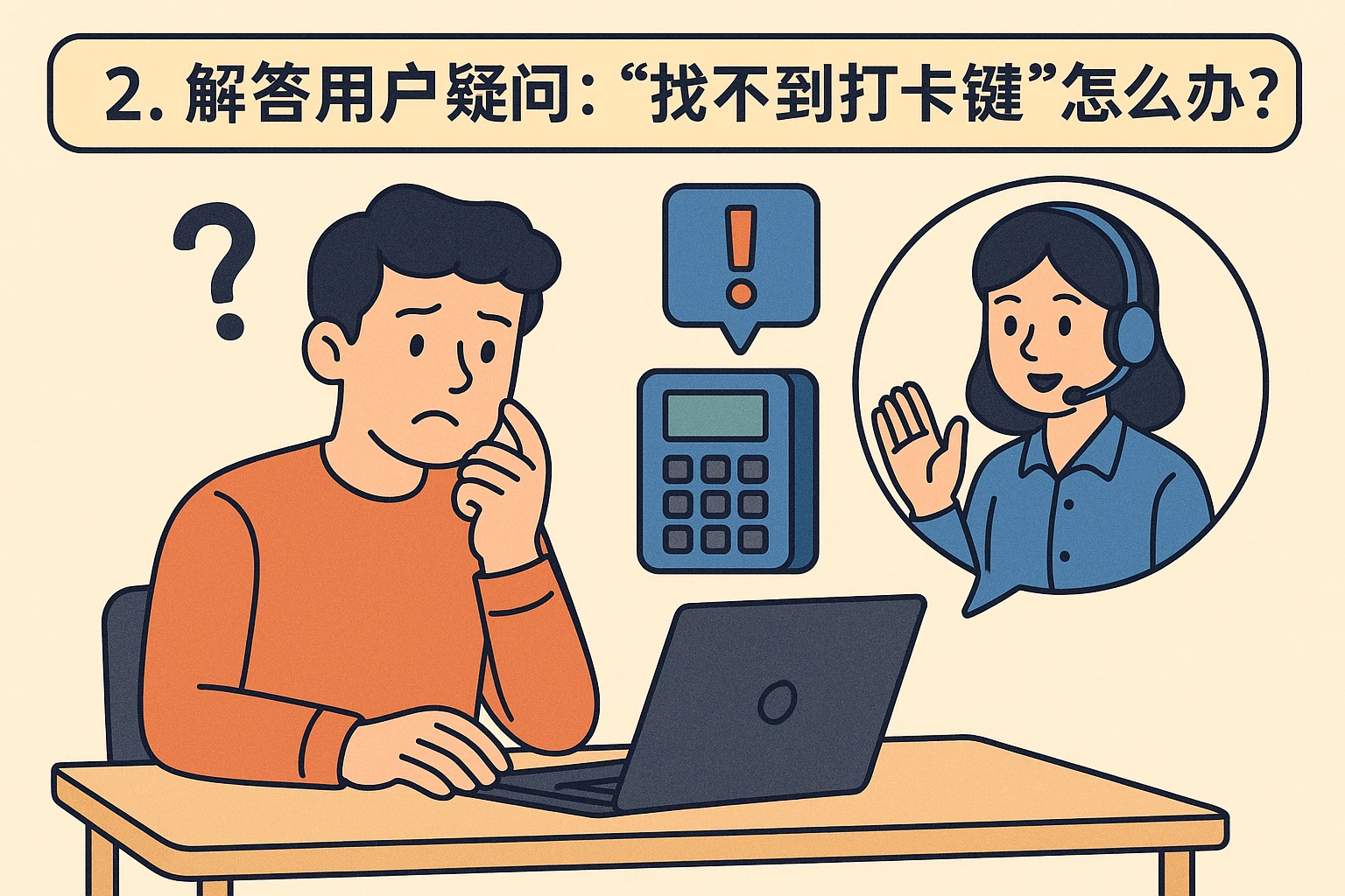 2. 解答用户疑问：“找不到打卡键”怎么办？