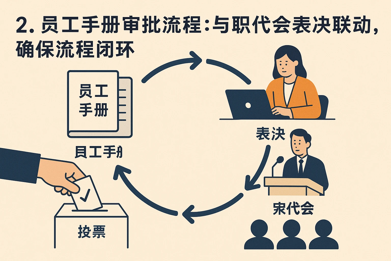 2. 员工手册审批流程：与职代会表决联动，确保流程闭环
