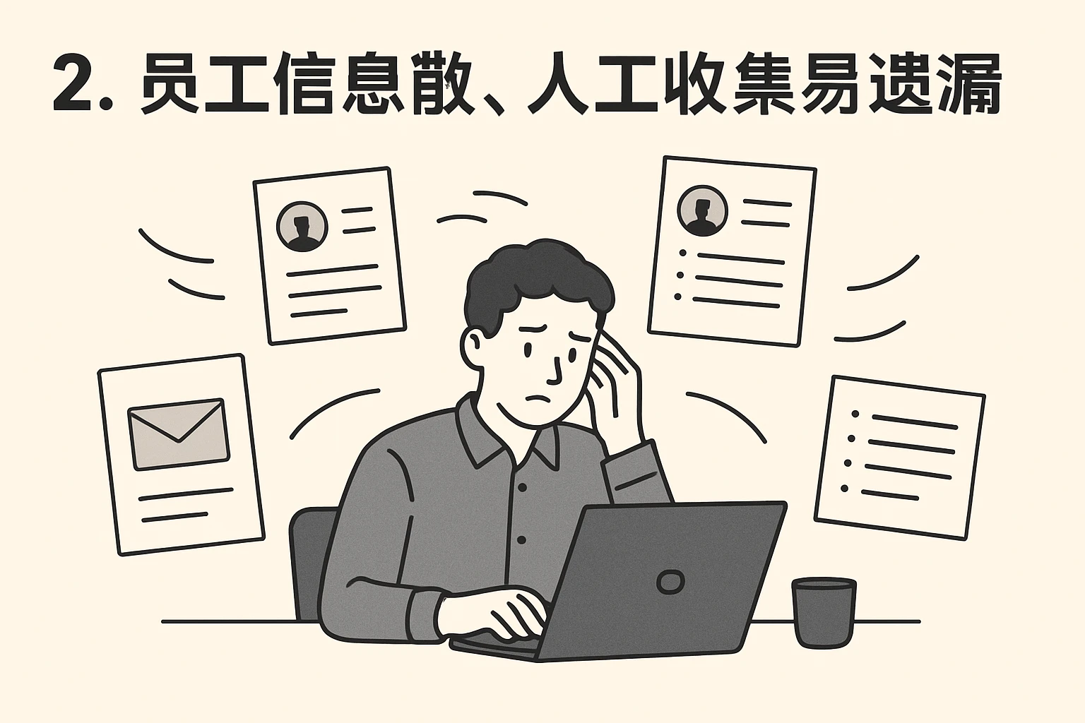 2. 员工信息散，人工收集易遗漏