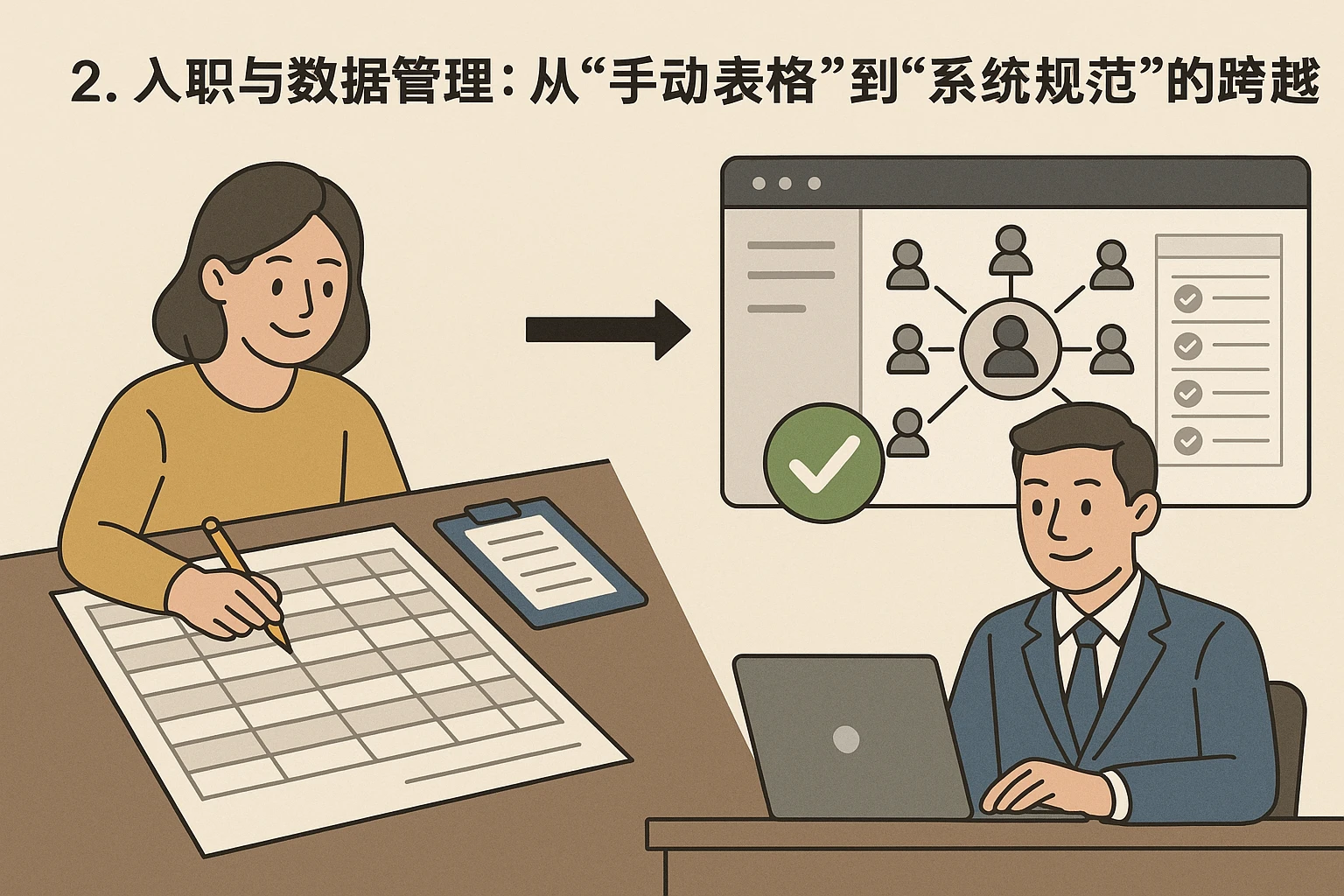 2. 入职与数据管理：从“手动表格”到“系统规范”的跨越