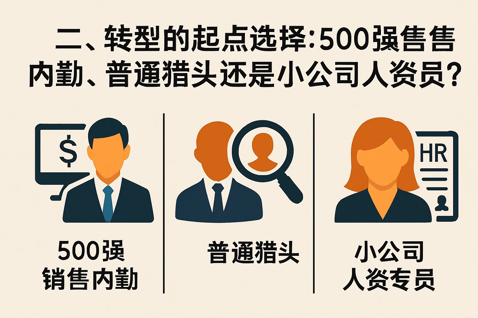 二、转型的起点选择：500强销售内勤、普通猎头还是小公司人资专员？