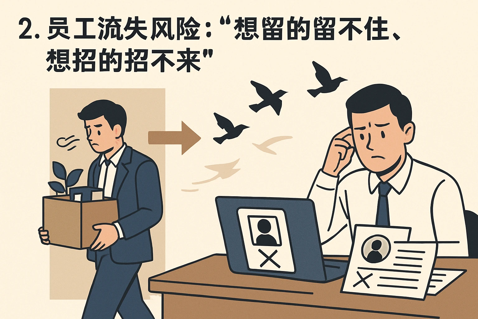 2. 员工流失风险：“想留的留不住，想招的招不来”