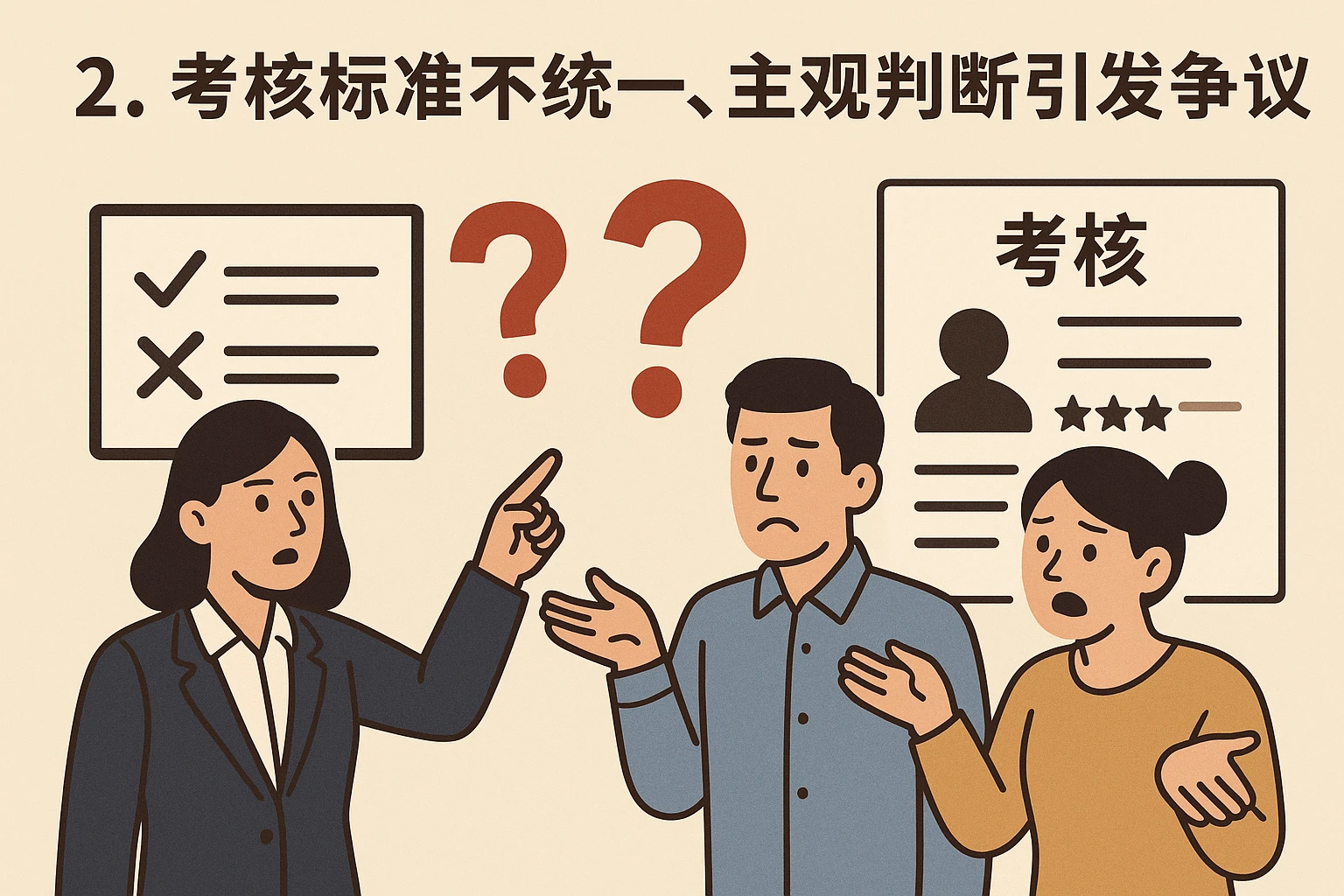2. 考核标准不统一，主观判断引发争议