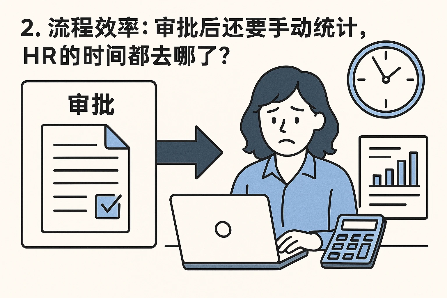 2. 流程效率：审批后还要手动统计，HR的时间都去哪了？