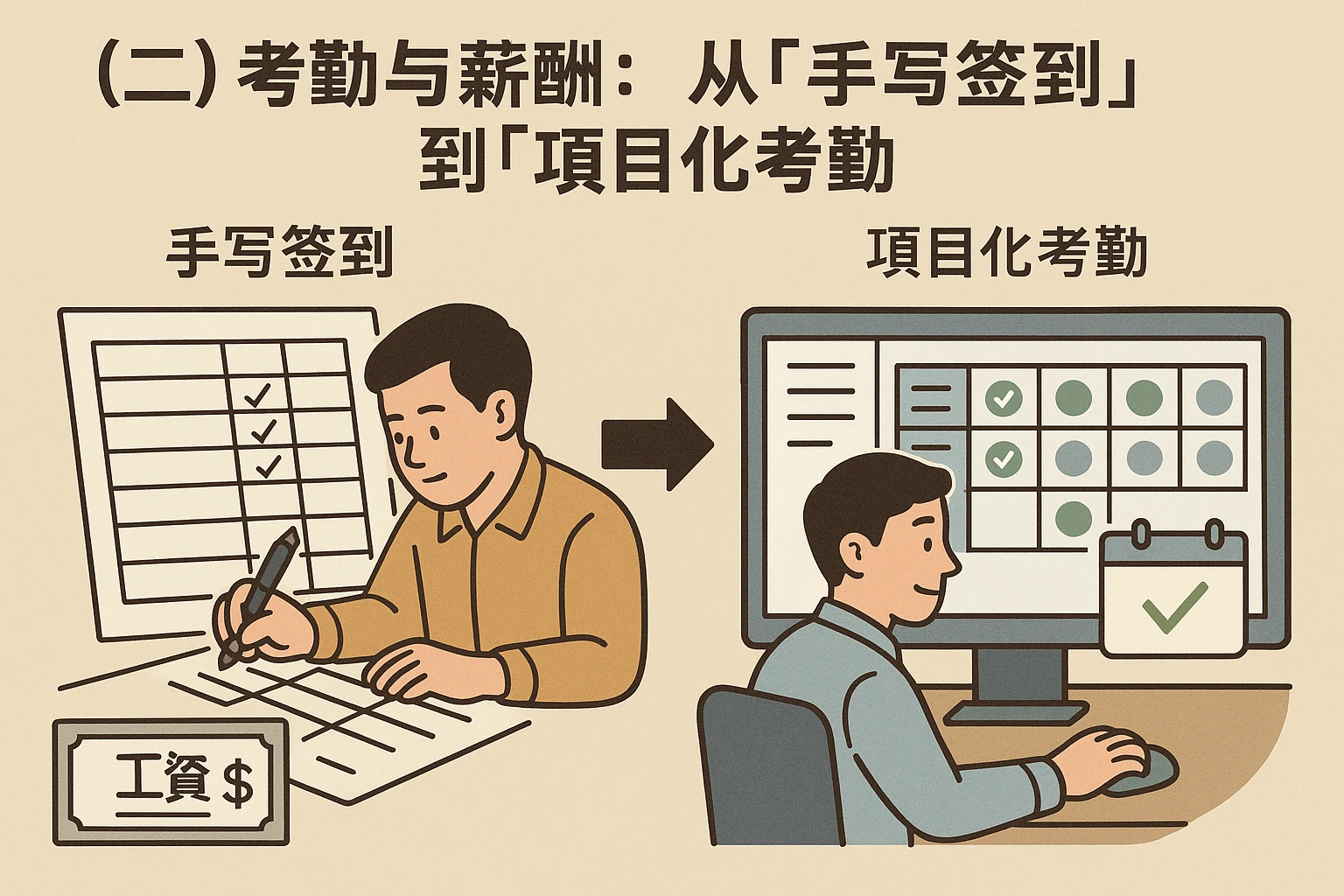 (二)考勤与薪酬:从“手写签到”到“项目化考勤”