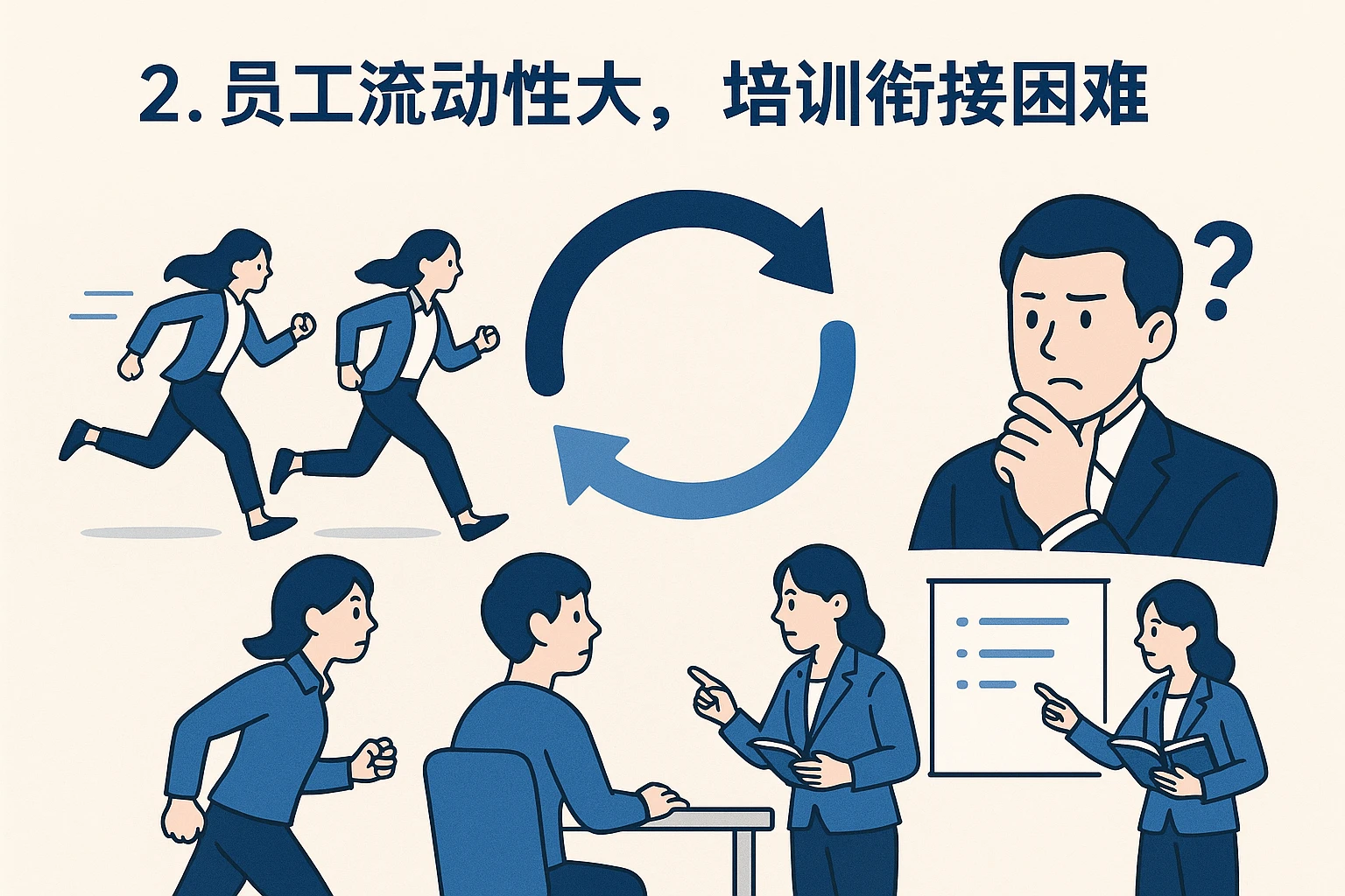 2. 员工流动性大，培训衔接困难