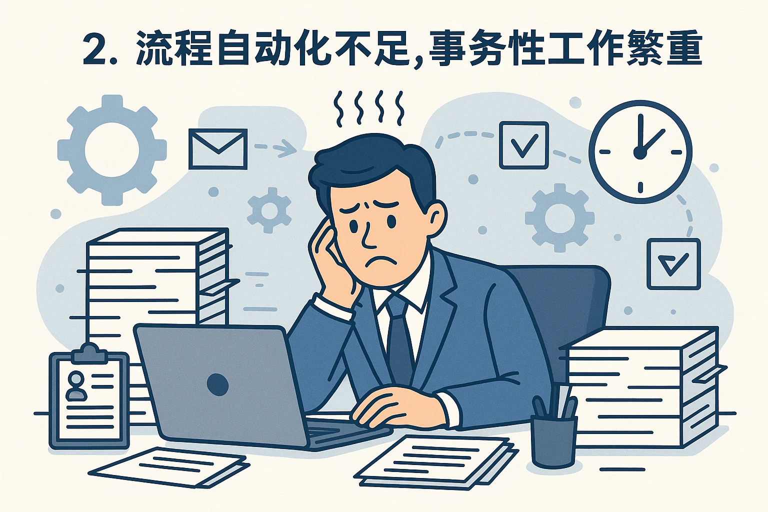2. 流程自动化不足，事务性工作繁重