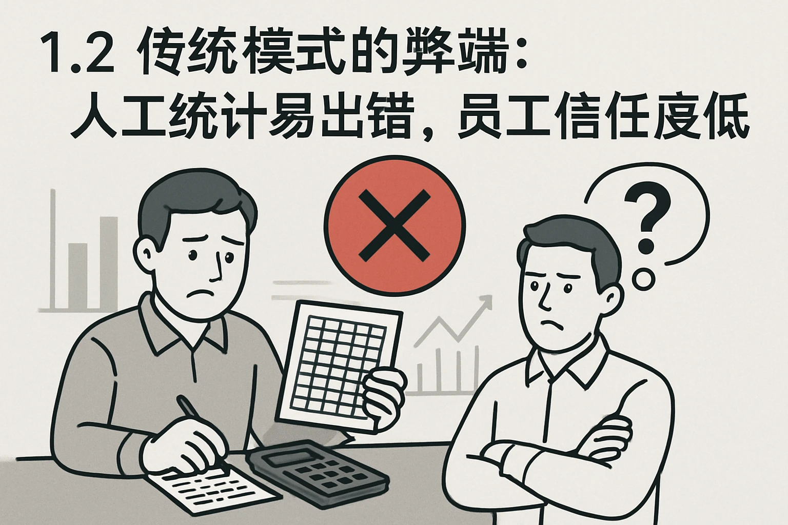1.2 传统模式的弊端:人工统计易出错,员工信任度低