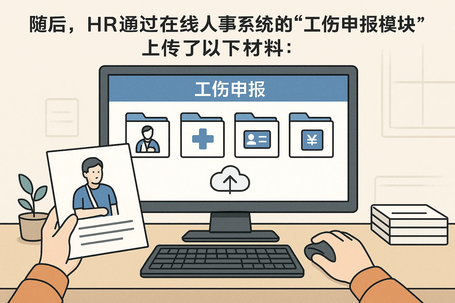 随后,HR通过在线人事系统的“工伤申报模块”,上传了以下材料: