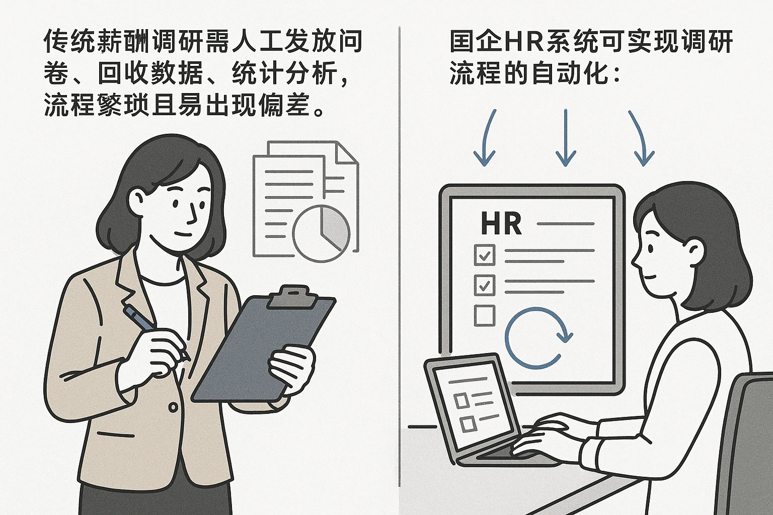 传统薪酬调研需人工发放问卷、回收数据、统计分析,流程繁琐且易出现偏差。国企HR系统可实现调研流程的自动化: