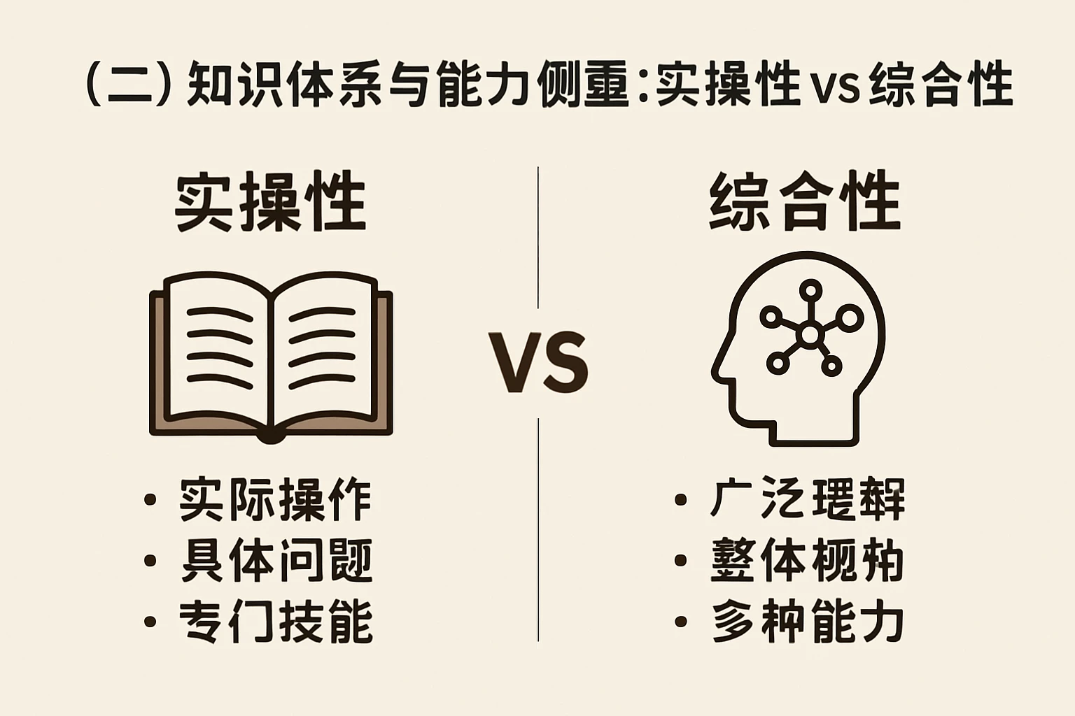（二）知识体系与能力侧重：实操性vs综合性