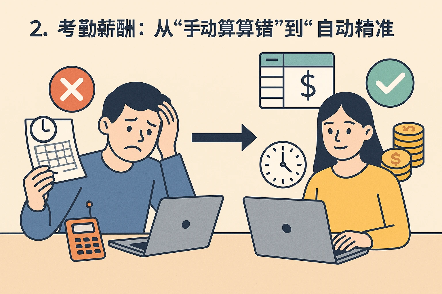 2. 考勤薪酬：从“手动算错”到“自动精准”