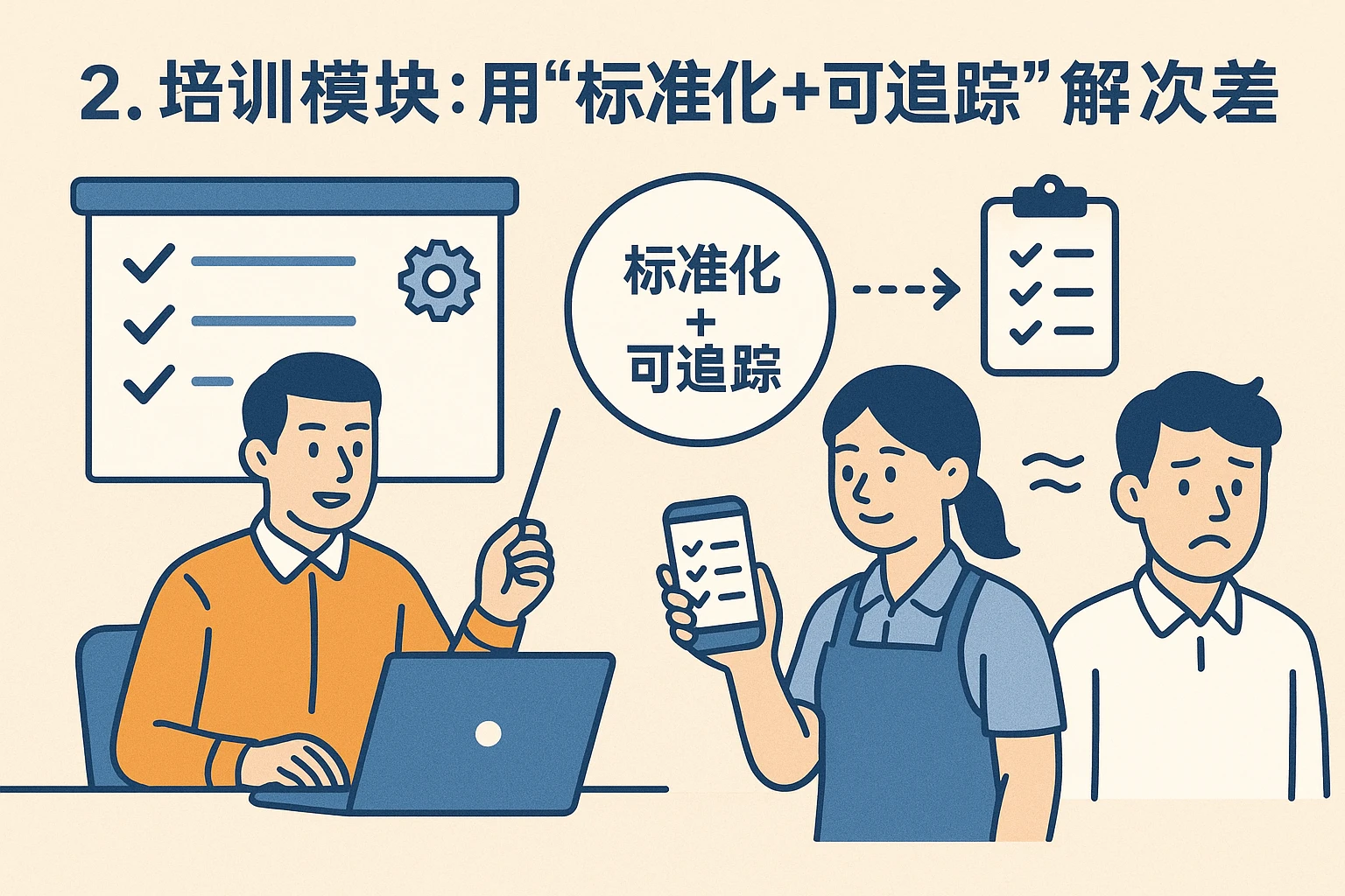 2. 培训模块:用“标准化+可追踪”解决“服务差”