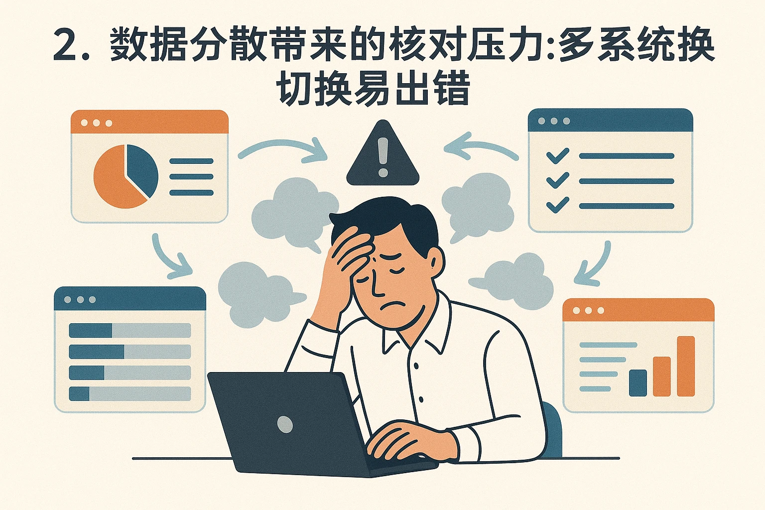 2. 数据分散带来的核对压力：多系统切换易出错