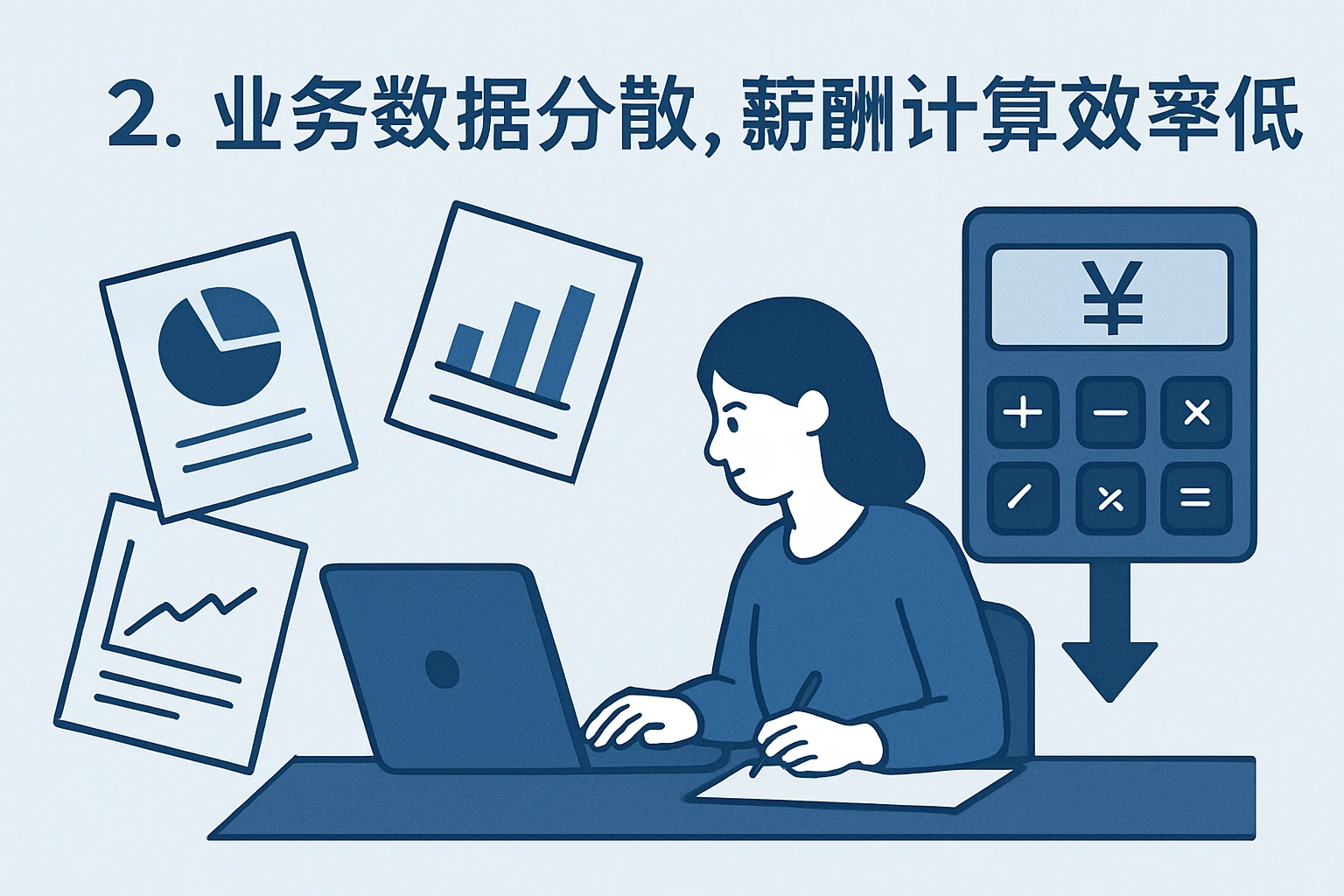 2. 业务数据分散，薪酬计算效率低