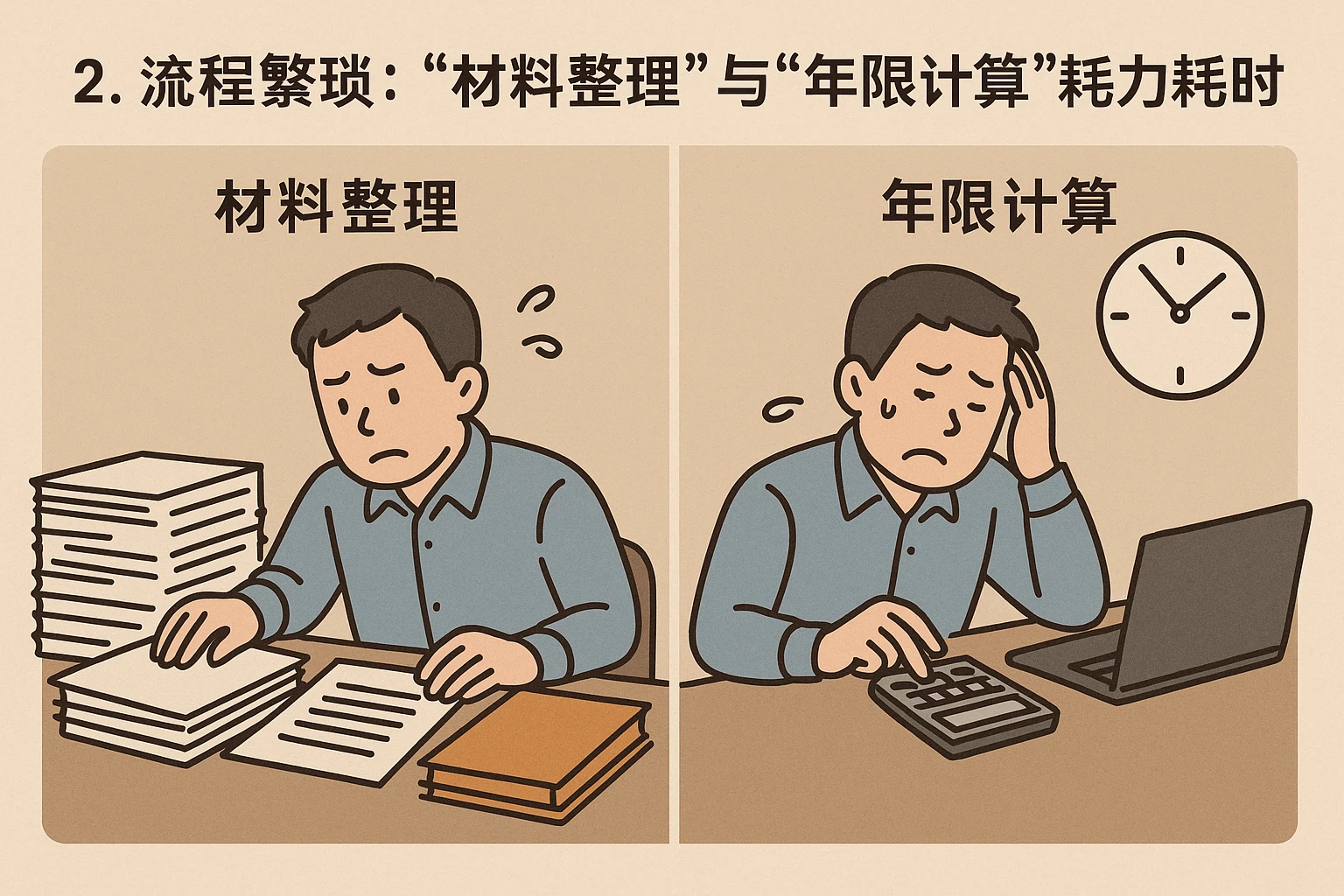2. 流程繁琐：“材料整理”与“年限计算”耗力耗时