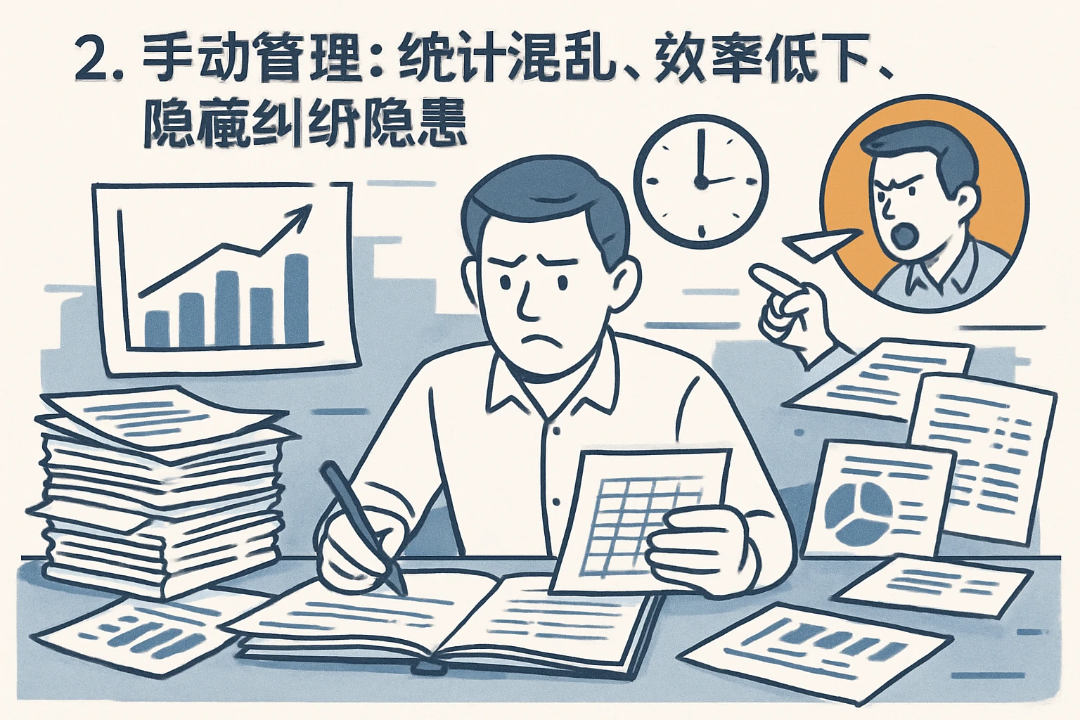 2. 手动管理:统计混乱、效率低下,隐藏纠纷隐患