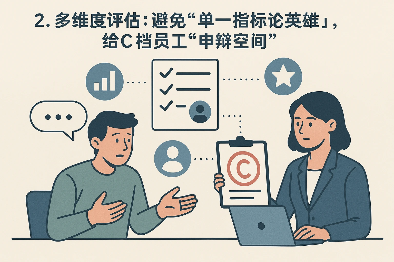 2. 多维度评估:避免“单一指标论英雄”,给C档员工“申辩空间”