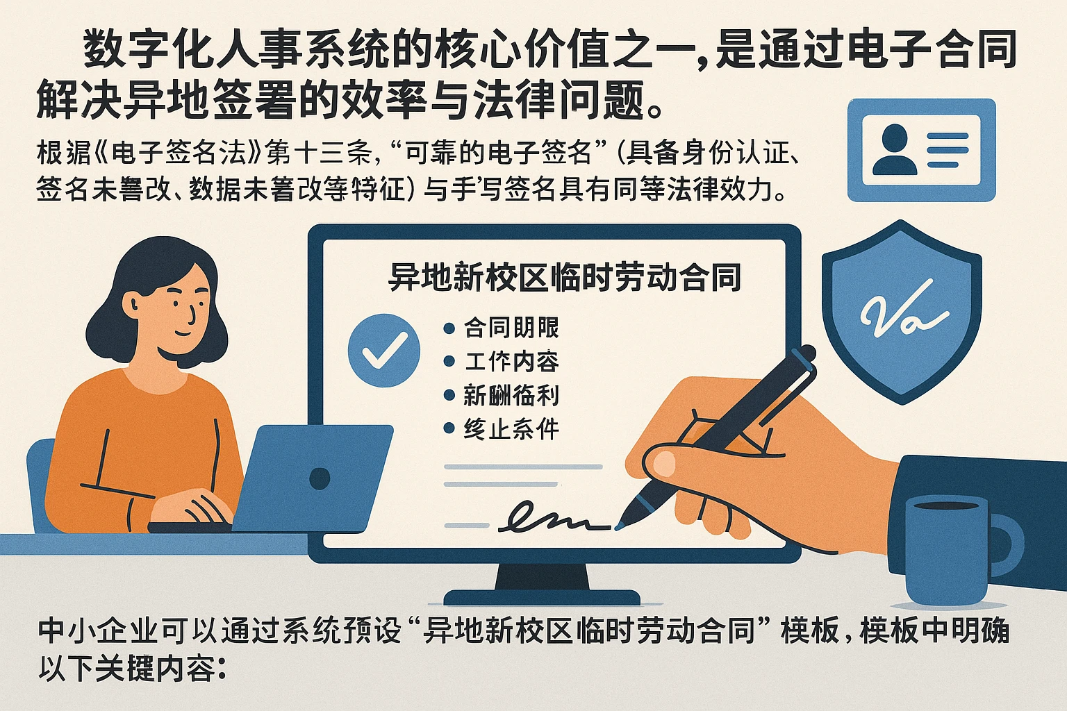 数字化人事系统的核心价值之一，是通过电子合同解决异地签署的效率与法律问题。根据《电子签名法》第十三条，“可靠的电子签名”（具备身份认证、签名未篡改、数据未篡改等特征）与手写签名具有同等法律效力。中小企业可以通过系统预设“异地新校区临时劳动合同”模板，模板中明确以下关键内容：