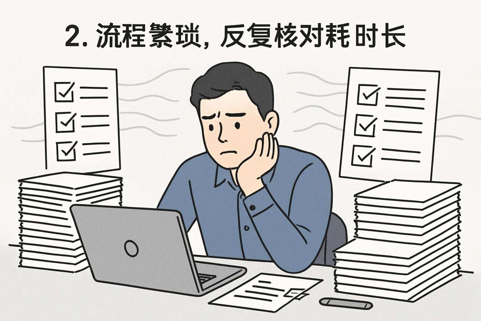 2. 流程繁琐，反复核对耗时长